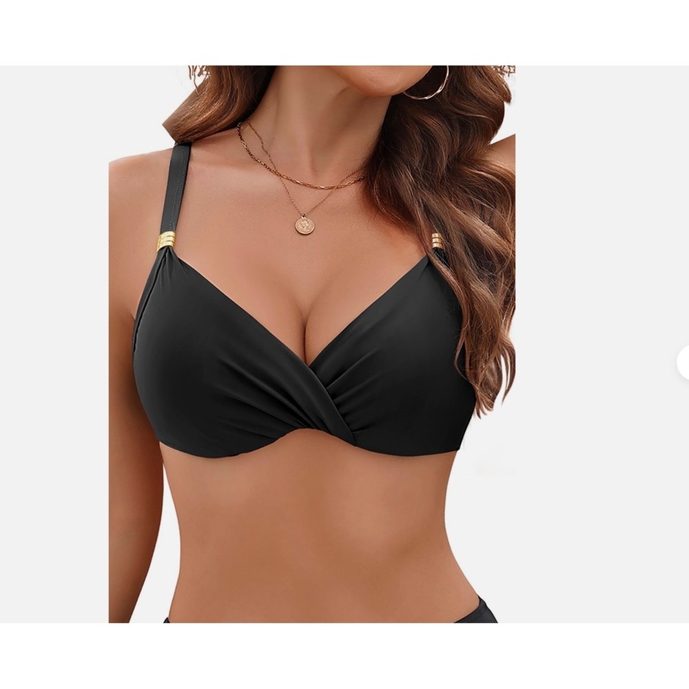 AQUA EVE‎ Women Bikini Top Swimsuit Top Padded Bra Bathing Suit Black Gold Sz S